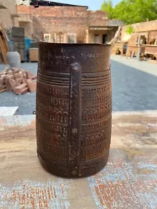 1800s Antique Old Wooden Hand Carved Beautiful Rajasthani Grain Pot Payali Pot - Picture 1 of 14