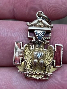 Antique MASONIC Eagle 32nd DEGREE Tri-Fold 14K Gold Diamond Enamel Watch Fob - Picture 1 of 9
