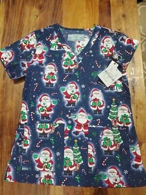 Med Couture Scrub Top Women's XS Christmas Santa 🎅 Holiday New - Image 1 of 4