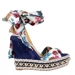 CHRISTIAN LOUBOUTIN Levantinana 120 Floral Ankle Wrap Wedge Sandals, Size 39 - Picture 1 of 5