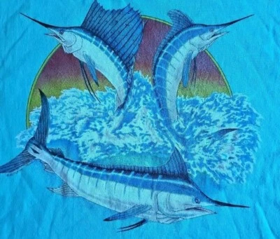Camiseta De Colección Pesca Clase Mundial Pescador Bolsillo Altuf Años 80 Azul Turquesa Talla XL Foto 1 de 4