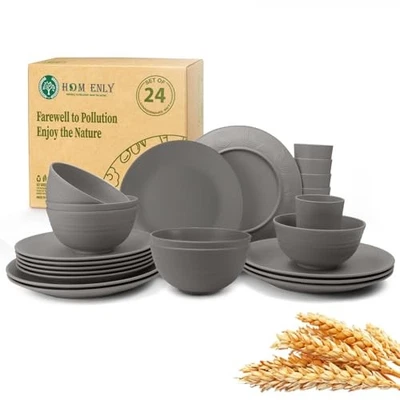  Набор столовой посуды из пшеничной соломы - небьющийся сервиз для 6 (24 шт.) серый - Изображение 1 из 4