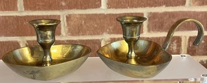 Vintage 2 Messing Kegel Kerzenständer Halter Herz Tropfteller Griff Messing Tausch - Bild 1 von 18