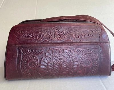Bolsa de ombro Borgonha vintage de couro feita à mão com zíper ajustável - Imagem 1 de 4