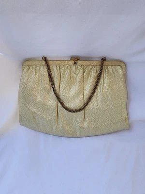 ~Ande Gold Evening Bag Purse w/ Bar Clasp, Double Opening Gold Chain~ 50's Prop~ - Image 1 of 4