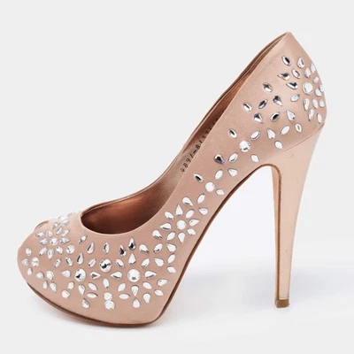 Gina Beige Satin Embellished Peep Toe Platform Pumps Size 395 - Image 1 of 4