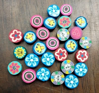 Vintage Flowers Mushroom  Flat Round Fimo Polymer Clay Beads 27 pcs - Image 1 of 4