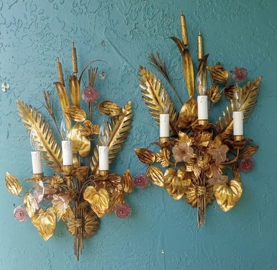 Pair Vintage S. Salvadori Gold Gilt Wall Sconces Cattails & Rare Glass Flowers - Image 1 of 4
