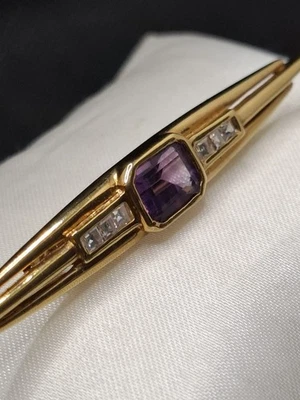 Ancienne Broche En Plaquer Or 18k 750 Pierre Améthyste Art Déco Nouveau Créateur - Photo 1/4