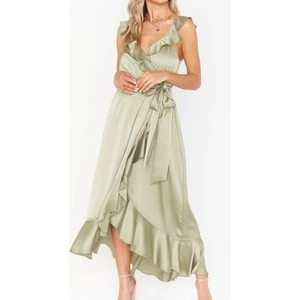 Show Me Your Mumu Moss Green Samantha Ruffle Wrap Midi Dress medium - Picture 1 of 6