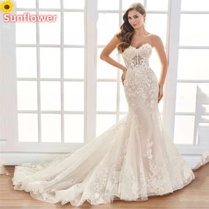 Luxury Mermaid Wedding Dresses Strapless Backless Lace Appliques Bridal Gowns - Picture 1 of 8