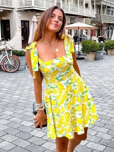 Zara Printed Linen Blend Mini Dress Lemon Yellow White XS M L XL 0387/087 New - Picture 1 of 24