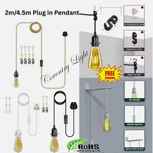 Plug In Light Bulb Kit E27 Lamp 2m / 4.5m ES Switch Socket Holder Black White UK - Picture 1 of 53