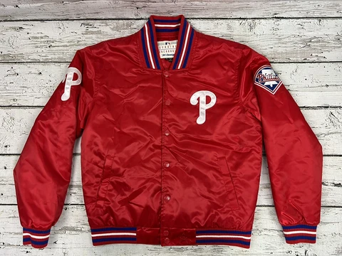 Vintage Philadelphia Phillies MLB JH Design Satin Button Up Bomber Jacket - S Cover