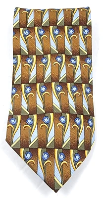 Corbata KOLTE Italia Para Hombre Marrón Dorado Azul Tulipanes Floral Seda 57" x 3.75" Foto 1 de 4