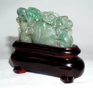 Vintage Chinese Jadeite Jade Monkey & Peach Motif Carving on Stand (InS) - Picture 1 of 21