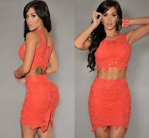 LACE SKIRT TOP LADIES WOMENS SEXY  SET TWO PIECE ORANGE CLUB PARTY SIZE 8 10 12 - Picture 1 of 3