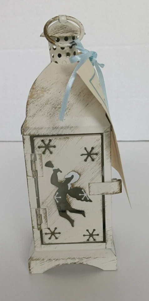Candle Lantern Christmas White Galvanized Metal Angel Playing Horn 7.5" - Image 1 of 4