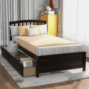 Twin Platform Storage Bed Wood Bed Frame with Two Drawers and Headboard, Espress - Picture 1 of 9
