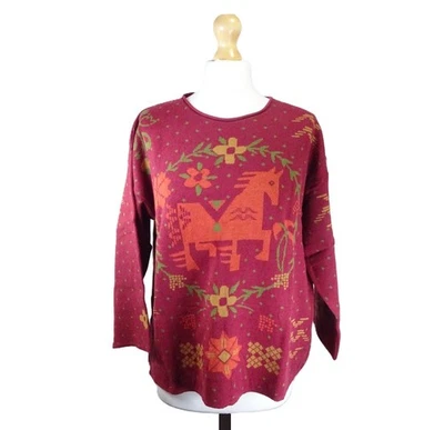 Gudrun Sjoden Feru Jumper Size L 16-18 Red Horse Folk Print Knit Tunic: 46" Bust - Image 1 of 4