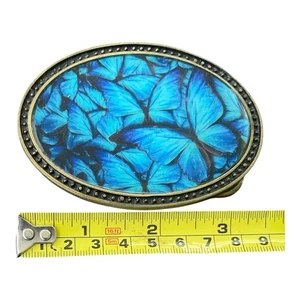 New BUTTERFLY BLUE BELT BUCKLE, handmade brass by Habazin - Picture 1 of 2