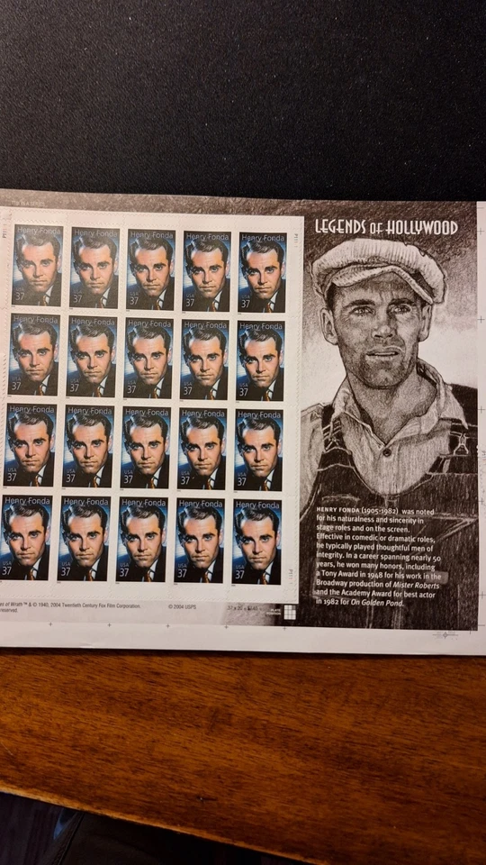 Scott #3911, M/F/NH/NF, Henry Fonda, 37 cent, Multi, Pane of 20, 2005 - Image 1 of 2