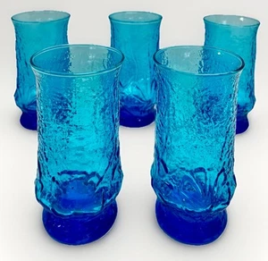 Anchor Hocking Blue Rain Flower 5.5” Glasses, Set Of 5 Vintage #F7 Beverage - Picture 1 of 9
