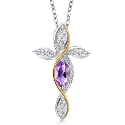 Collar Cruz Para Mujer En Plata 925 y Oro Amarillo 10K con Amatista y Foto 1 de 3