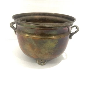 Vintage 3 Fuß kleiner Messing Übertopf Topf mit Griffen Made in India 5,25" Patina - Bild 1 von 10