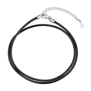 Black Leather Necklace for Men - 2MM Braided Leather Cord Chain with Silver C... - Picture 1 of 9