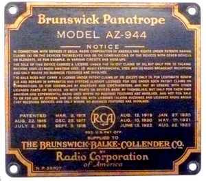 * BRUNSWICK P-11 & RCA RADIOLA 18 CONSOLE AZ944:   Metal CONSOLE ID TAG - Picture 1 of 2