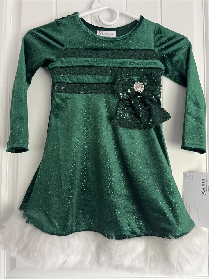 NUEVO NUEVO CON ETIQUETAS Bonnie Jean Niñas Vestido de Navidad Talla 4 Verde VELOUR HERMOSO Foto 1 de 1