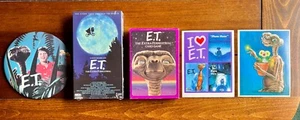 RARE E.T. MOVIE SEALED VHS TAPE, ORIGINAL BUTTON, STICKERS AND CARD GAME - Picture 1 of 10