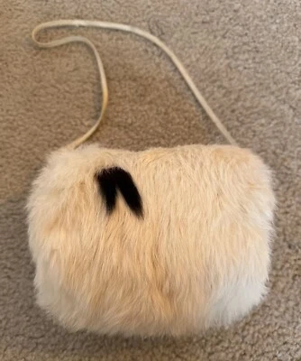 复古兔毛松饼暖手器儿童尺寸白色带棕色标记颈绳 — 第 1/4 张图片