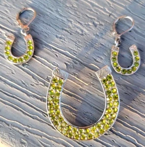 Horseshoe Slide Pendant And Earrings Set Peridot Rhinestones Silver Equestrian  - Picture 1 of 7
