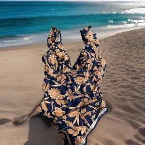 NWT Live Life On The Beach Ruffle Plunge One Piece Swimsuit Navy Floral Large - Picture 1 of 9