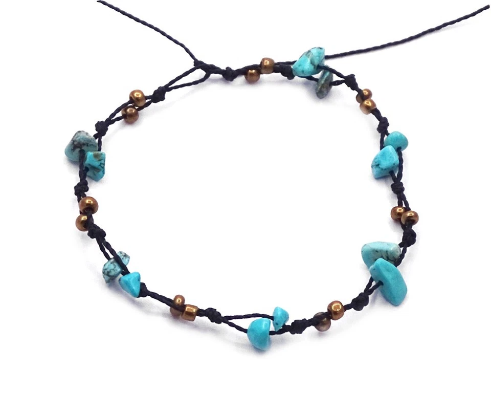 Chip Stone Beaded Macramé Anklet Braided String Boho Healing Art Natural Jewelry - Image 1 of 1