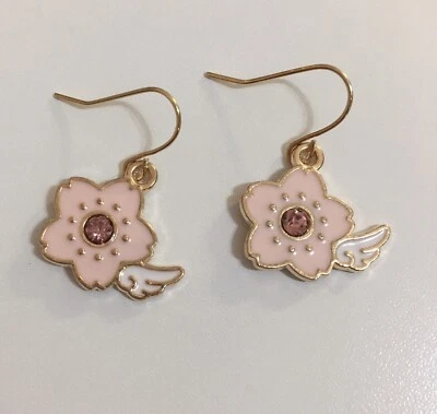 Pink Flower ￼Pink CZ in the middle￼With White Wing￼ Earrings Rose Gold Hooks - Image 1 of 4