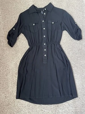 Fun & Flirt Dress Small Black Collared Casual Button Front Waist Tie Women's - Image 1 of 4