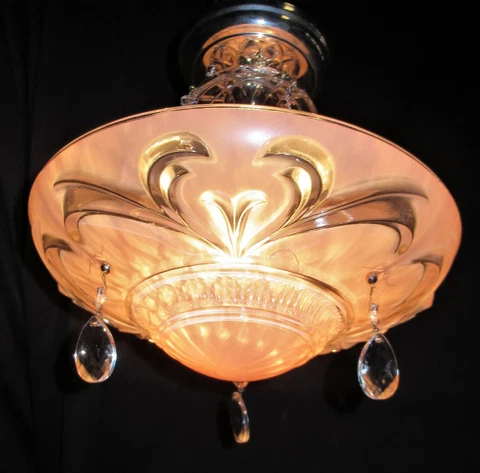 VTG DECO ERA VICTORIAN GLASS SHADE 3 CHAIN CHANDELIER FIXTURE W/ NICKEL HARDWARE Cover