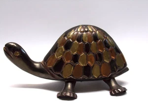 Vintage Brass Tortoise Turtle Figurine Paperweight with Multicolor Shell - Picture 1 of 8