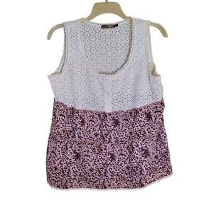 Prana Tank Top Size XL Cream Eyelet Lace & Pink Floral Bird Print Organic Cotton - Picture 1 of 5