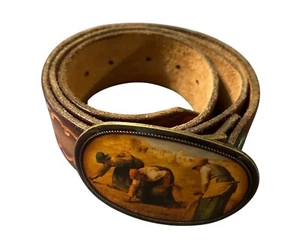 Vintage Brown Leather Belt With Western Embossed Design Art Buckle Cowboy Rodeo - Imagen 1 de 9