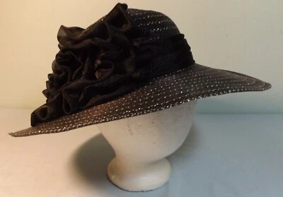 Vtg Black Woven Straw Wide Brim Hat or Tilt Lg Bow Wedding Kentucky Derby 22.5" - Image 1 of 4