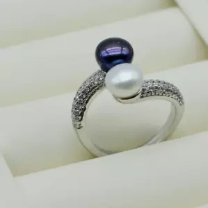 Natural Fresh Water Double Pearl Ring Black pearl,S925 Silver Ring Adjustable - Picture 1 of 2