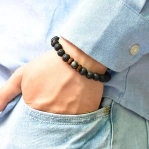 Pulsera de lava volcánica y piedra lunar 8 mm - 6,7-7,9 pulgadas, banda elástica, unisex - Imagen 1 de 2
