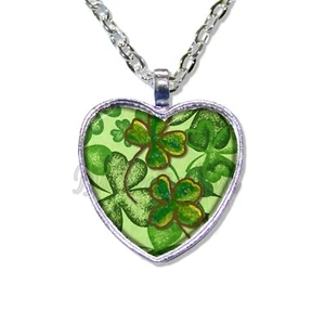 St. Patrick's Day Lucky Pattern Style HEART-shaped glass pendant necklace - Picture 1 of 5