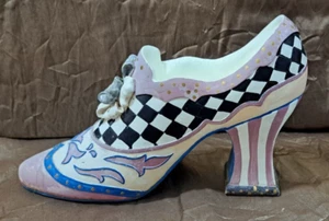 VTG 1980'S HANDPAINTED WHIMSICAL VICTORIAN CERAMIC DECORATIVE SHOE SCULPTURE PUR - Picture 1 of 10