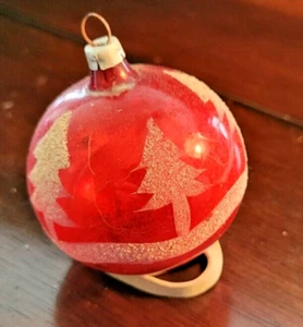 Vintage Christmas Ornament Glass Ball  Bright Red Glitter Trees - Picture 1 of 3