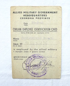 TESSERA MILITARE WW2 GOVERNO ALLEATO ALLIED GOVERNMENT 1945 CREMONA - Picture 1 of 2